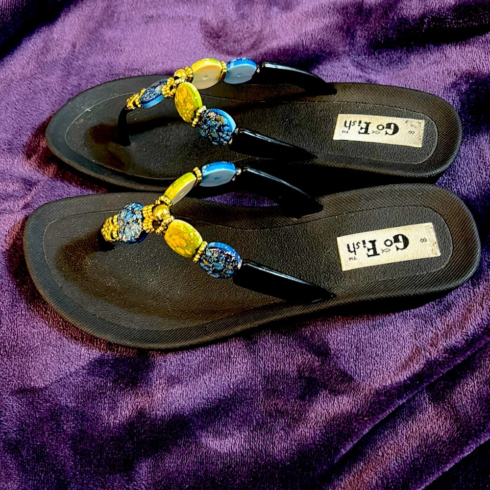 Go Fish wedge sandals, blue and green stones, very pretty, never worn.